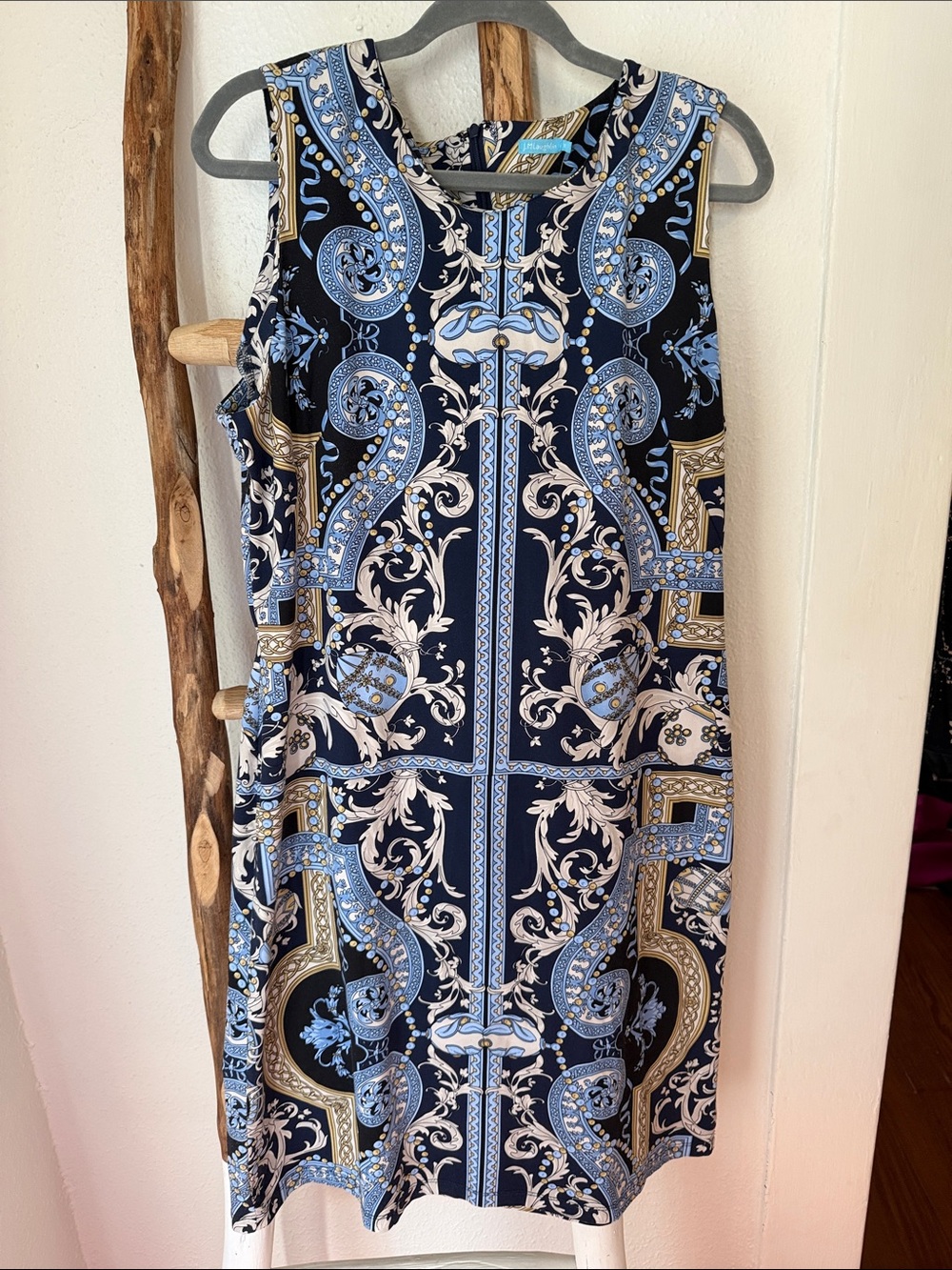 J. McLaughlin Navy Light Blue Tan Ivory Baroque Stretch Sleeveless Midi Dress XL